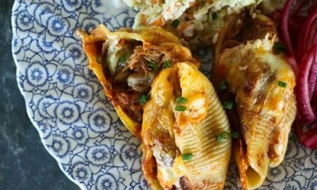 BBQ Pulled Pork Overstuffed Shells foodiewithfamily.com #pasta #familyfriendly