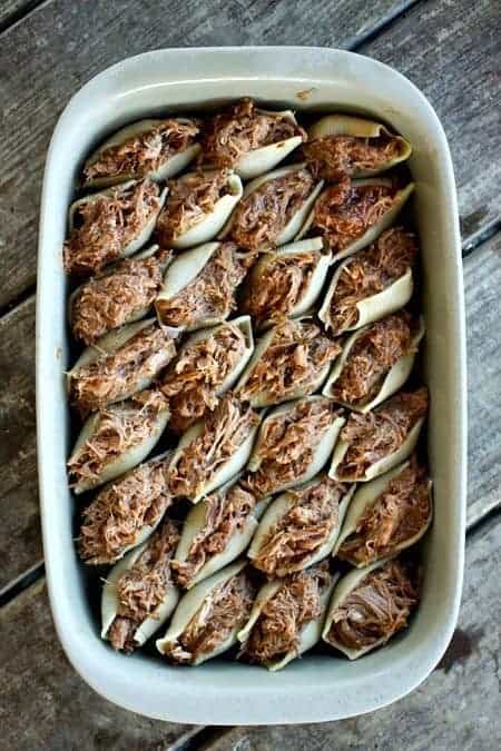 BBQ Pulled Pork Overstuffed Shells ready to bake foodiewithfamily.com #pasta #familyfriendly