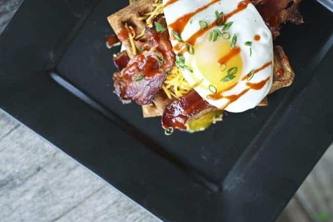 Mega Baocn Egg and Cheese Waffle Stacks for breakfast, lunch, or dinner. foodiewithfamily.com #breakfast #bacon #eggs