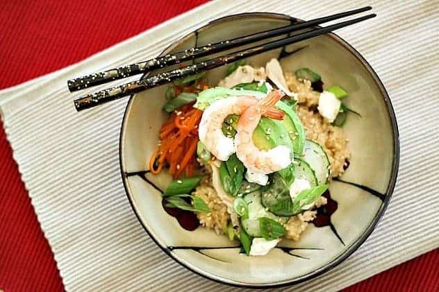 Lazy Sushi: Seasoned rice, cream cheese, marinated cucumber salad, pickled carrots, and shrimp. foodiewithfamily.com