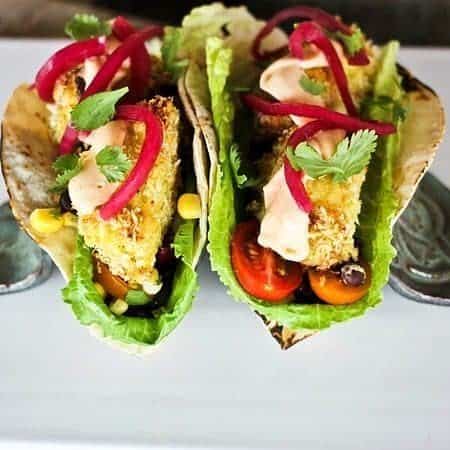 Quick Pickled Red Onions on Baked Ranch Fish Tacos