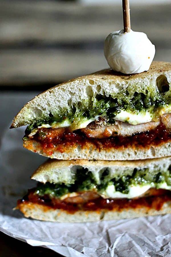 Grilled Chicken Melt with Pesto and Sun Dried Tomato Spread from foodiewithfamily.com