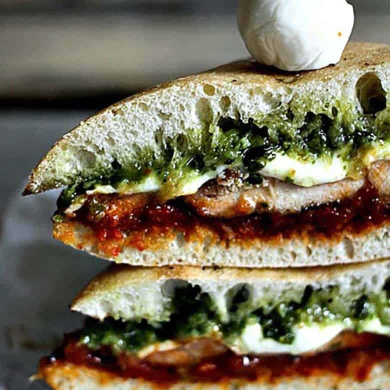 Grilled Chicken Melt with Pesto and Sun Dried Tomato Spread from foodiewithfamily.com