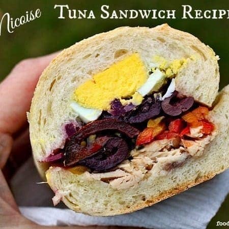Nicoise Tuna Sandwich Recipe olives, peppers, albacore tuna, hardboiled eggs, albacore tuna, baguette. foodiewithfamily.com