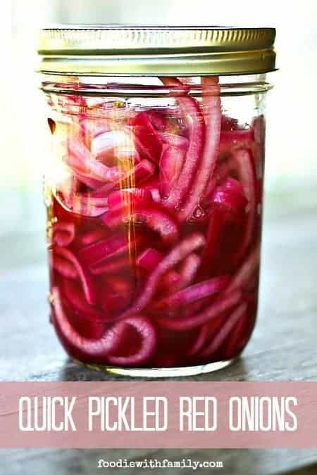 Quick Pickled Red Onions for fast flavour and ZING on sandwiches, salads, antipasto and charcuterie plates, and more! from foodiewithfamily.com