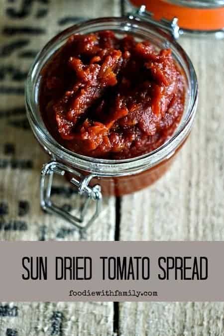 Sun Dried Tomato Spread is the a quick and healthy way to punch up any sandwich but is also great on crackers and in dip. Foodiewithfamily.com