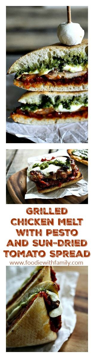 Grilled Chicken Melt with Pesto and Sun-Dried Tomato Spread from foodiewithfamily.com