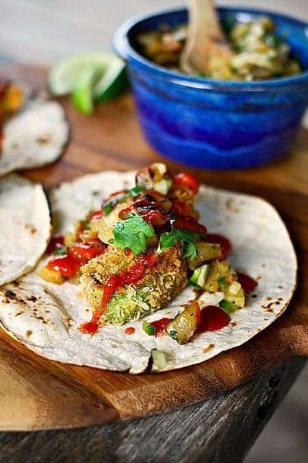 Crispy Avocado Tacos with Grilled Pineapple Relish from foodiewithfamily.com