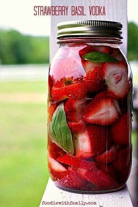 Strawberry Basil Infused Vodka for cocktails, baking, and cooking from foodiewithfamily.com