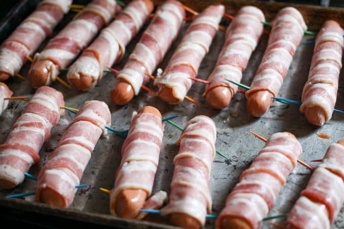 Bacon wrapped hot dogs ready to grill, roast, or air-fry.