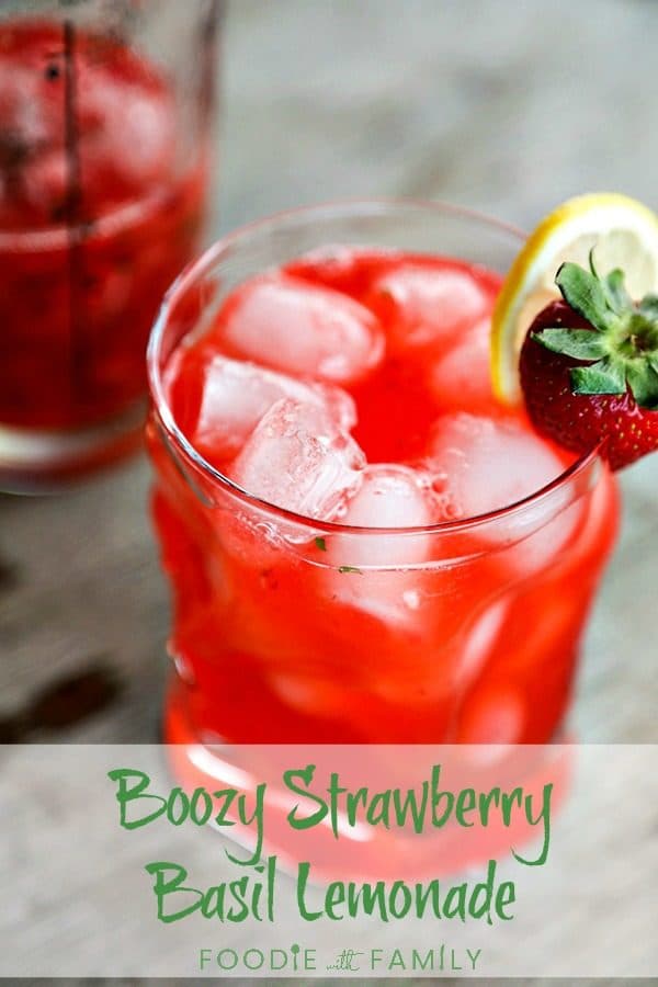 pinterest banner, boozy strawberry basil lemonade, bormioli rocco sorgente highball glass, strawberry and lemon garnish, rustic wood table, vertical shot, glass cocktail shaker