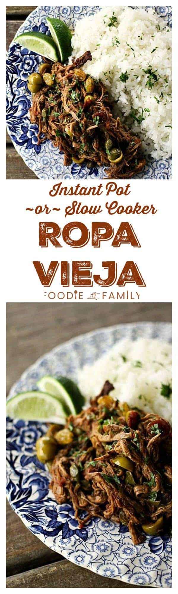 Ropa Vieja: Thin shreds of flank steak braised in a rich tomato vegetable sauce with olives &capers. Prepare in an Instant Pot OR Slow-Cooker.