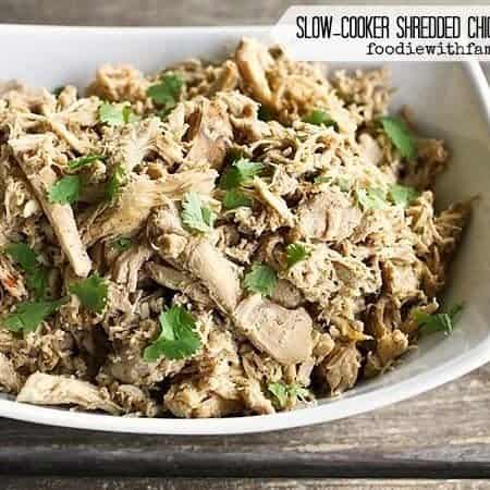 Slow-Cooker Shredded Chicken for Recipes on foodiewithfamily.com #MakeAheadMondays