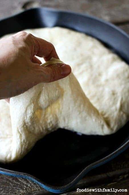 Preparing dough for The Best Pan Pizza {super easy!} from foodiewithfamily.com