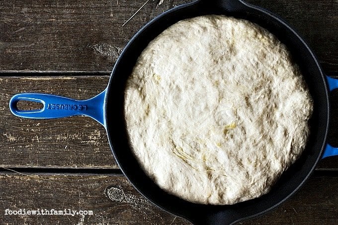 Preparing dough for The Best Pan Pizza {super easy!} from foodiewithfamily.com