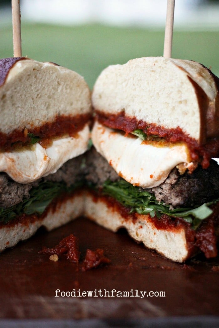 Fried Mozzarella and Sun Dried Tomato Burgers from foodiewithfamily.com
