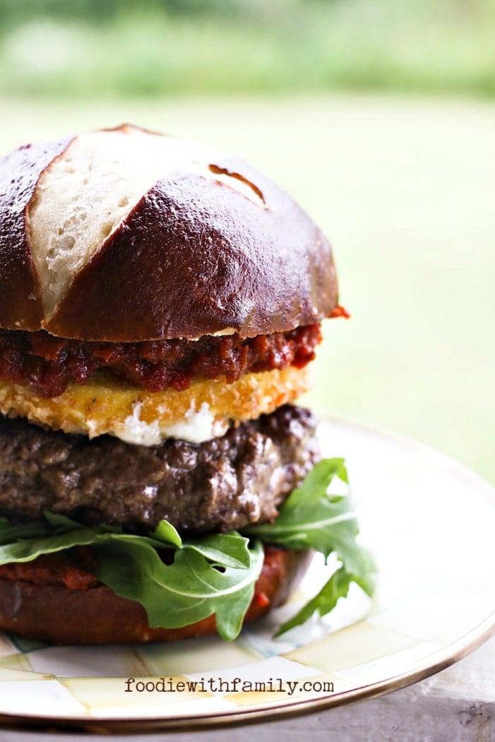 Fried Mozzarella and Sun Dried Tomato Burgers from foodiewithfamily.com