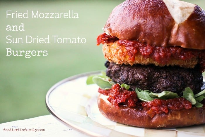 Fried Mozzarella and Sun Dried Tomato Burgers from foodiewithfamily.com