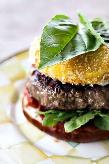 Fried Mozzarella and Sun Dried Tomato Burger from foodiewithfamily.com