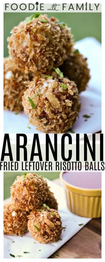 Arancini: Crispy, crunchy, breadcrumb crust wrapped around a creamy, prosciutto laced risotto layer with a molten core of gooey mozzarella cheese. The only thing as awesome as these is the fact that you can make and freeze them before cooking up to 3 months in advance making them the perfect party or entertaining food!