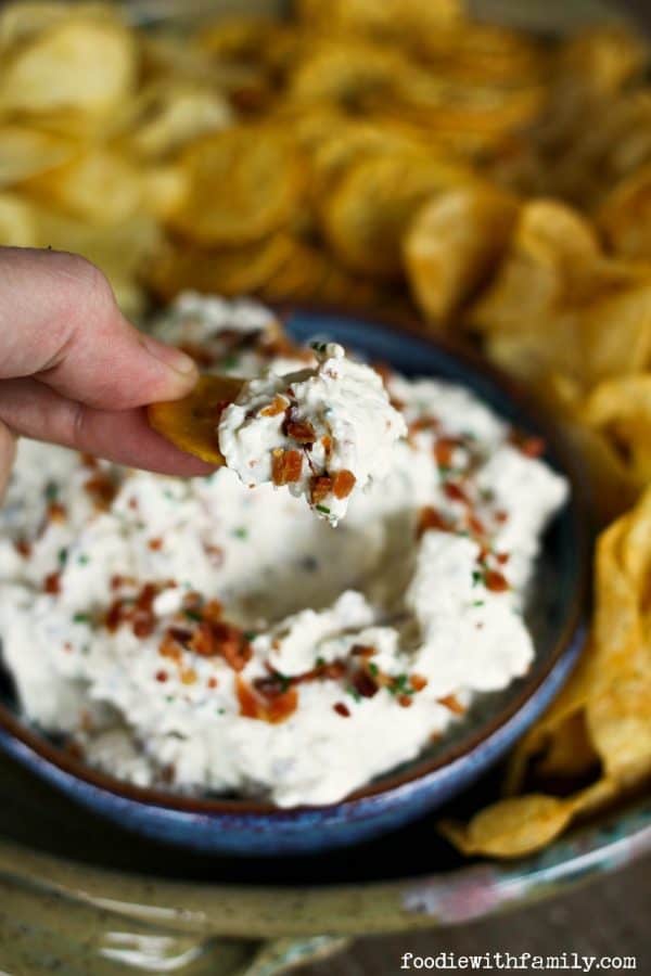 A fresh batch of sour cream, bacon, cheddar, and chive dip from foodiewithfamily.com