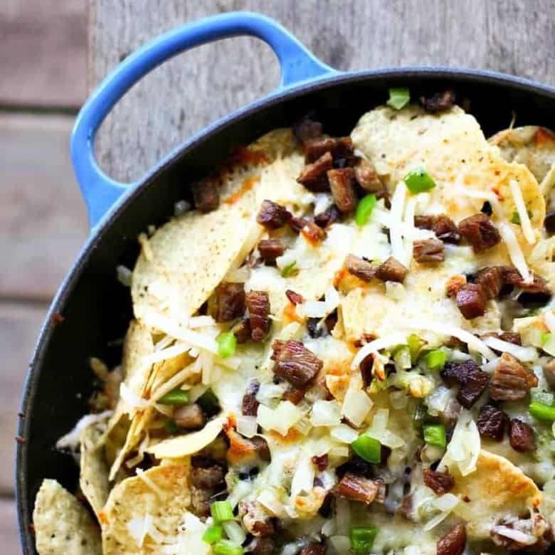 Cheesesteak Nachos are comfort food deluxe from foodiewithfamily.com beef, cheese, onions, peppers