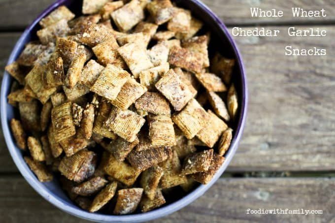Whole Wheat Cheddar Garlic Snacks made from bite-sized shredded wheat cereal from foodiewithfamily.com