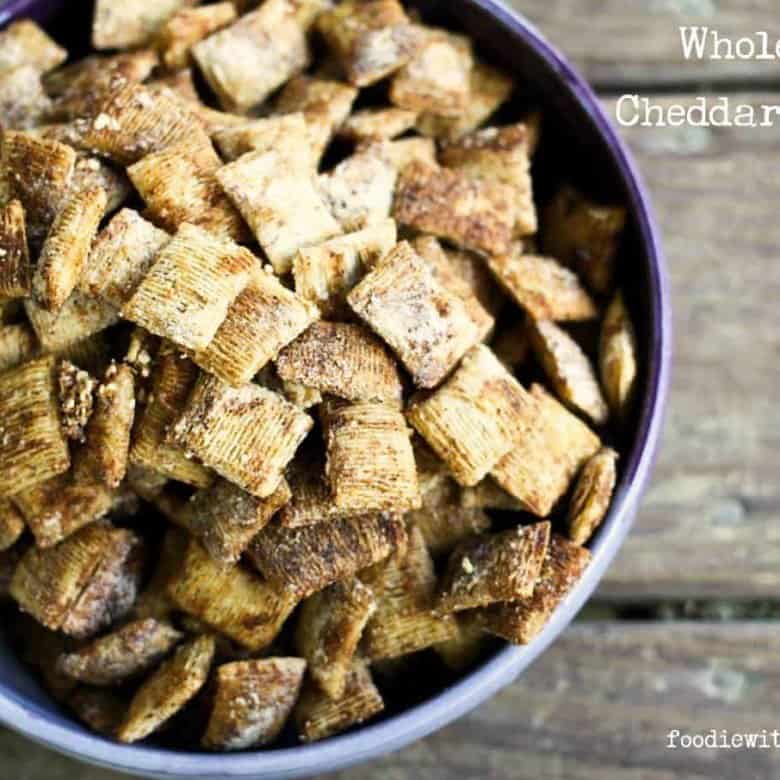 Whole Wheat Cheddar Garlic Snacks made from bite-sized shredded wheat cereal from foodiewithfamily.com