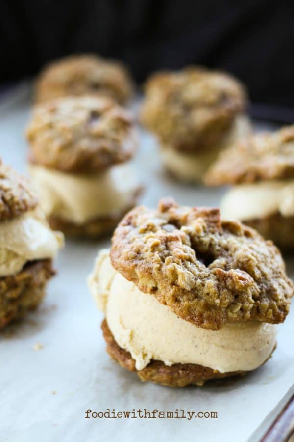 Cinnamon Frozen Custard and Caramel Apple Oatmeal Cookie ice cream sandwiches on foodiewithfamily.com