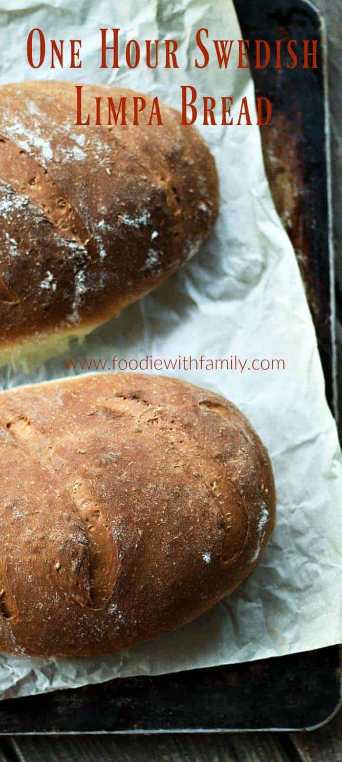 One Hour Swedish Limpa: slightly sweet Swedish rye bread scented lightly with orange zest and fennel seed. This is the ultimate toasting bread and it is made -start to finish- in one hour!