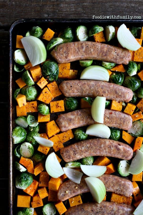 Roasted Fall Vegetable & Italian Sausage Sheet Pan Meal: One pan for a whole meal! Roasted Brussels Sprouts, Butternut Squash, and Sweet Italian Sausage on a sheet pan from foodiewithfamily.com