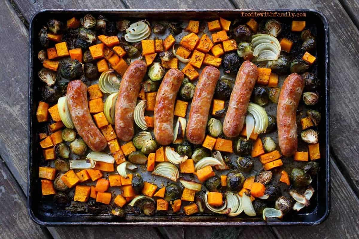 Roasted Fall Vegetables & Italian Sausage Sheet Pan Meal from foodiewithfamily.com