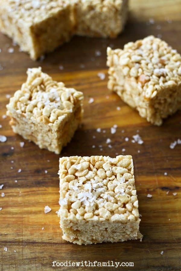 A grown up twist on a kids' favourite: Salted Caramel Bourbon Rice Crispy Treats on foodiewithfamily.com