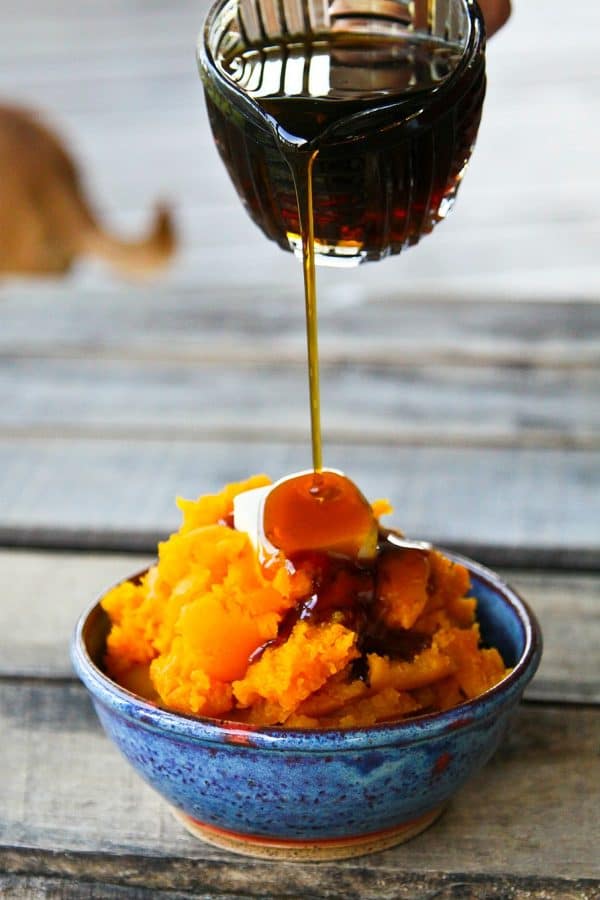 Maple syrup on slow-cooker roasted butternut squash. Easiest method in the WORLD for cooking it. No knives needed! foodiewithfamily.com