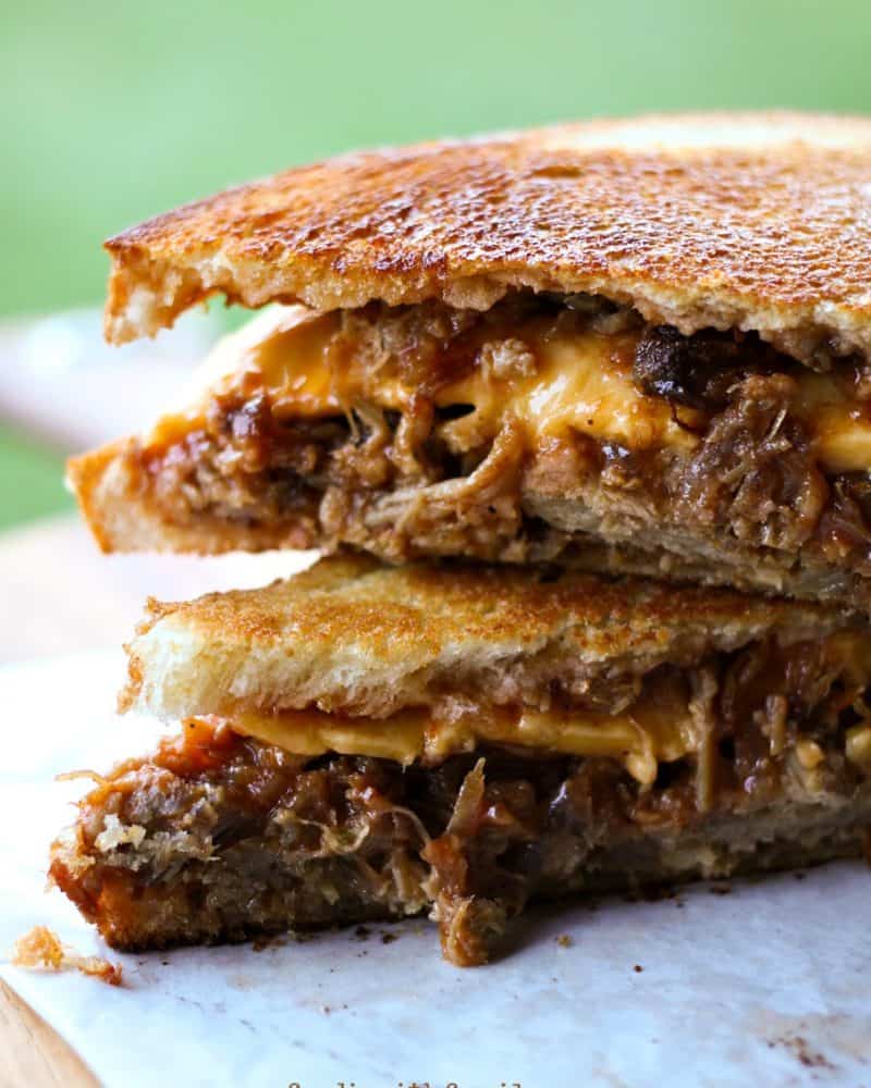 Good for your soul Trashy Barbecue Pulled Pork & Toasted Cheese Sandwiches from foodiewithfamily.com