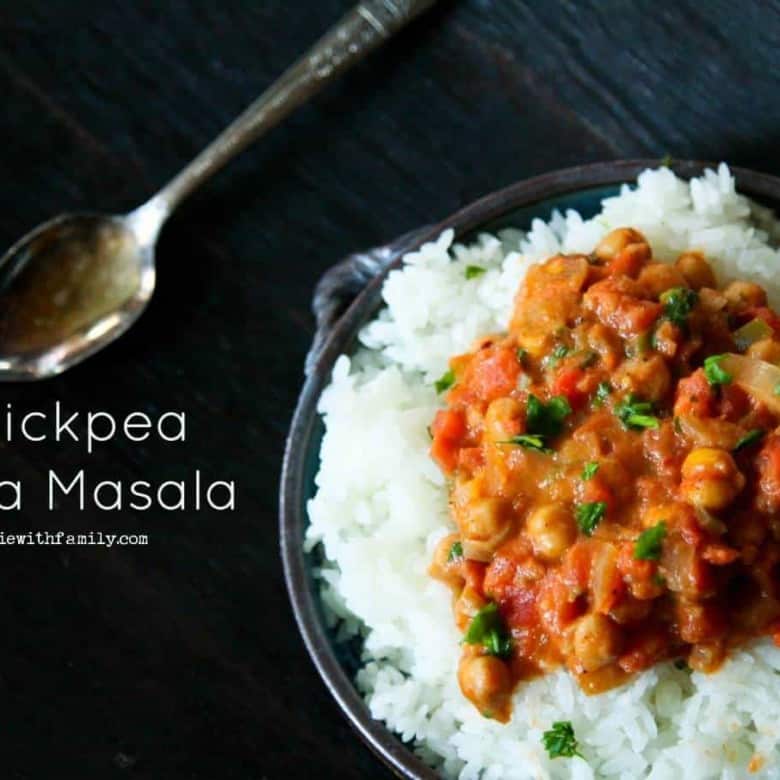 30 minute Chickpea Tikka Masala- hearty, simple, pocketbook friendly, stick-to-your-ribs comfort food that just happens to be meat, dairy, and gluten free from foodiewithfamily.com