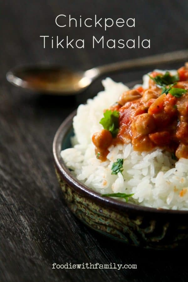 Chickpea Tikka Masala- hearty, simple, pocketbook friendly, stick-to-your-ribs comfort food that just happens to be meat, dairy, and gluten free from foodiewithfamily.com