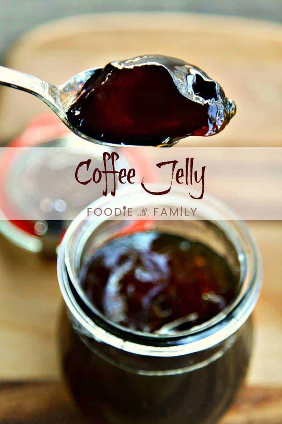 This beautiful brown Coffee Jelly is pure coffee goodness. Sweet, soft set, and definitely for coffee lovers only, it has four simple ingredients including very strong dark roast coffee and is delicious on pancakes, waffles, in between cake layers, and more!
