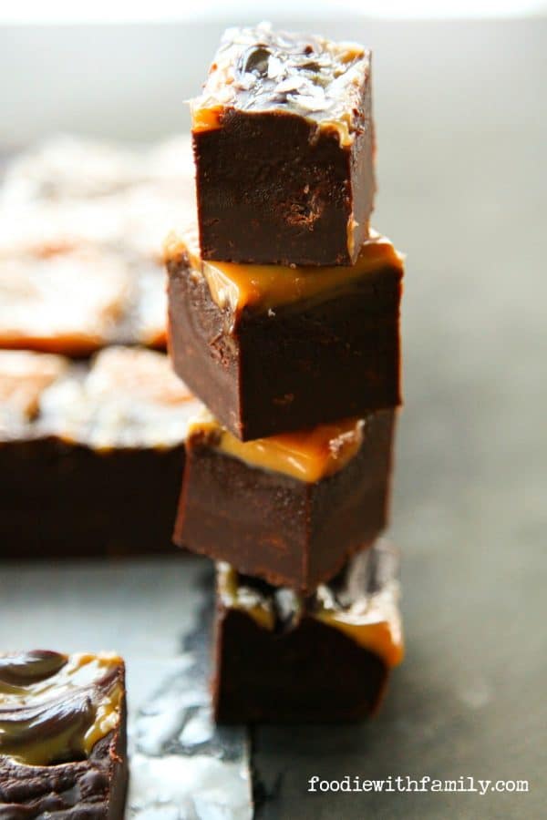 Easy Salted Caramel Fudge made with a hint of bourbon by foodiewithfamily.com