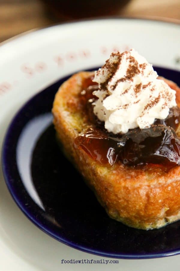 Simple French Toast with Coffee Jelly, Whipped Cream, and Cocoa Powder from foodiewithfamily.com