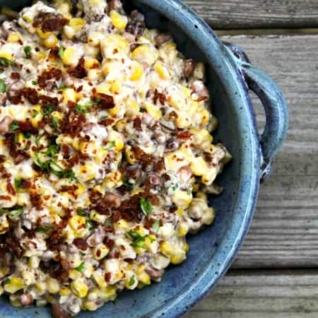 Slow-Cooker Black-Eyed Pea Dip with Corn and Bacon is absolutely BURSTING at the seams with black eyed peas and corn in a creamy cheese sauce.
