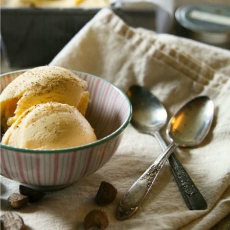 Two scoops of eggnog ice cream in anthropologie pink, green and white bowl, dusted with grated nutmeg, two antique spoons crossed on cream coloured tea towel, partial whole nutmegs scattered, metal pan in background