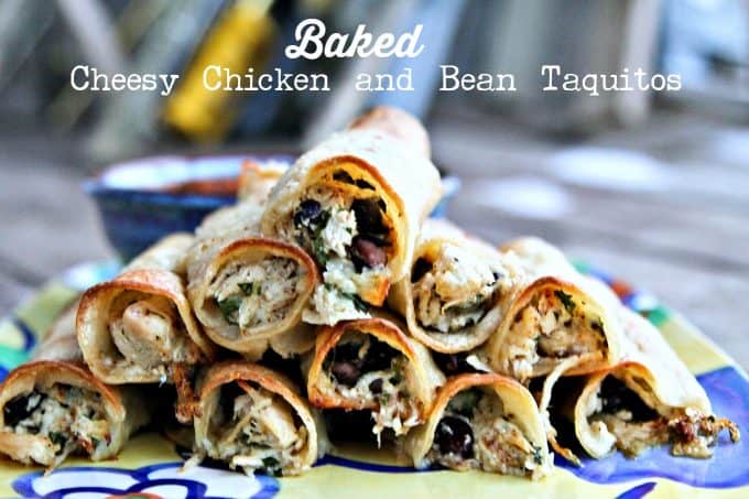 Baked Cheesy Chicken and Bean Taquitos from foodiewithfamily.com