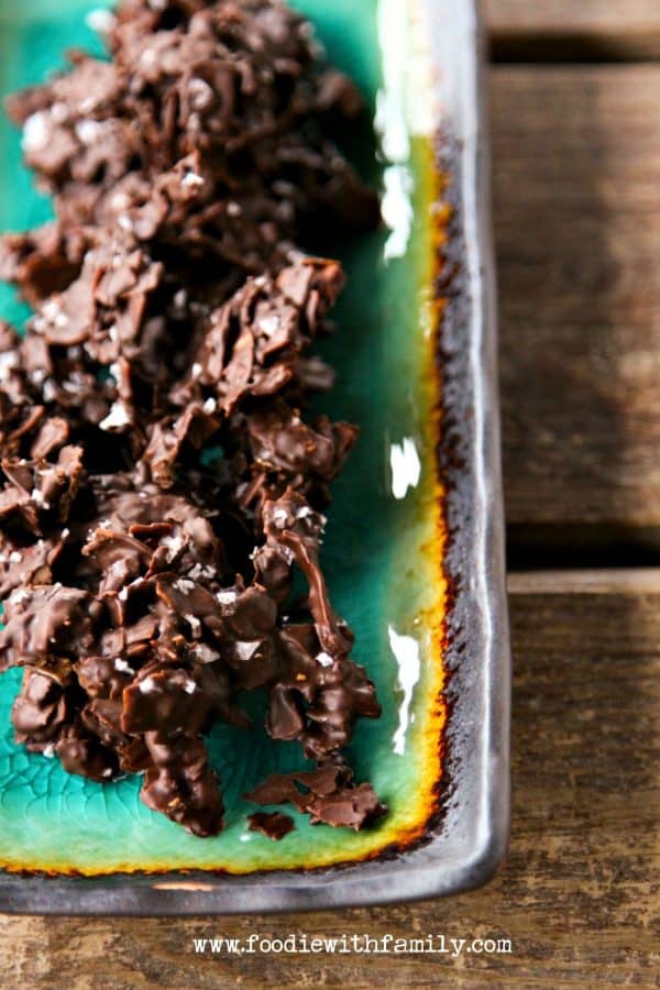 Spicy Chocolate Coconut Clusters; dark chocolate, toasted coconut, sea salt, and a wee bit of fire from foodiewithfamily.com