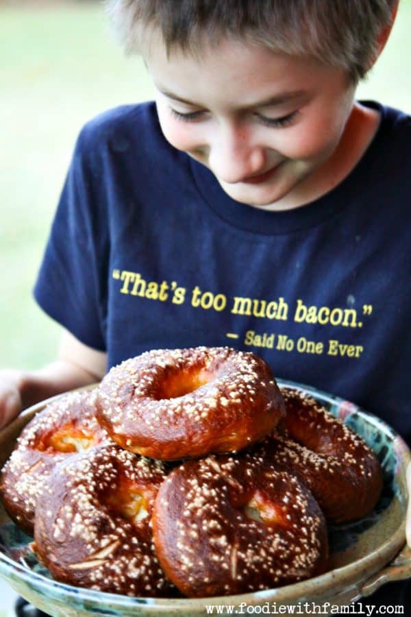 A plate full of Homemade Pretzel Bagels from foodiewithfamily.com