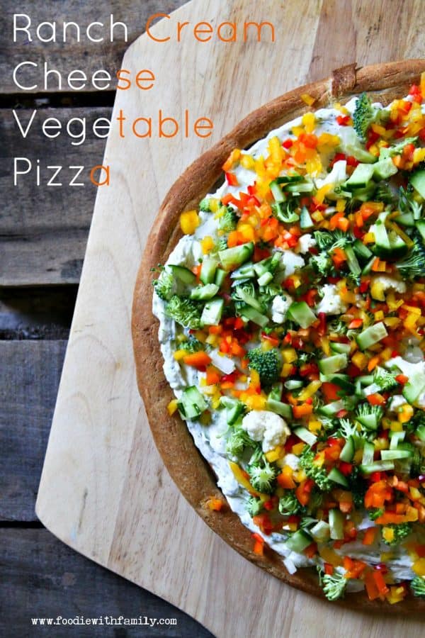 Snacky Ranch Cream Cheese Vegetable Pizza from foodiewithfamily.com