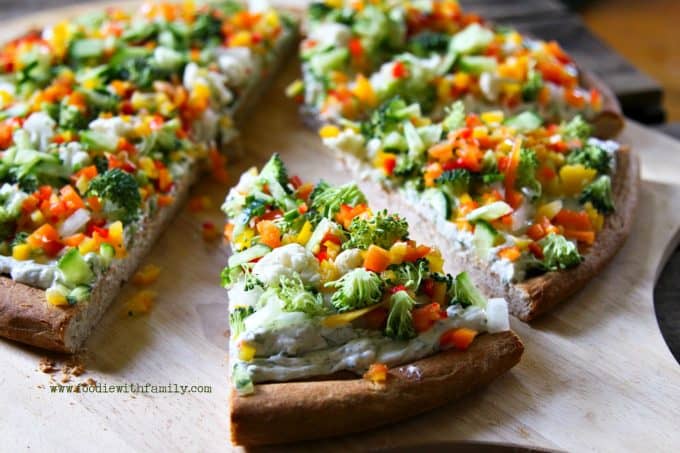 Snacky Ranch Cream Cheese Vegetable Pizza from foodiewithfamily.com