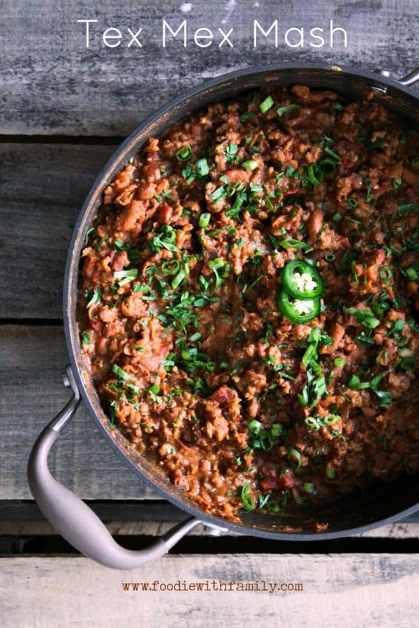 Tex Mex Mash: smashed pinto beans, seasoned browned ground beef, and crispy bacon simmered in a garlicky, chipotle tomato sauce from foodiewithfamily.com