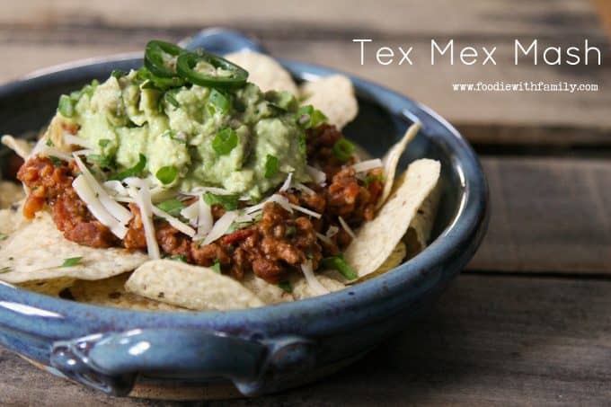 Tex Mex Mash: smashed pinto beans, seasoned browned ground beef, and crispy bacon simmered in a garlicky, chipotle tomato sauce from foodiewithfamily.com