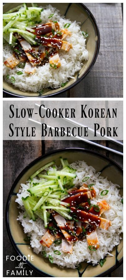 collage of Strips of slow-cooker korean style barbecue pork with sauce on rice with cucumbers in taupe ceramic bowl with a black rim, on wood background.